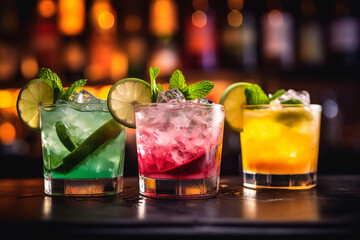 A vibrant photograph of a trio of citrus-infused cocktails, featuring a refreshing blend of tangy flavors and invigorating spirits.  - obrazy, fototapety, plakaty