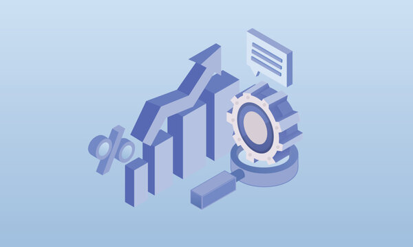 Magnifier and chart with up arrow, business analytics and financial growth.on blue background.3D design.isometric vector design Illustration.