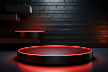 photo red light round podium and black background for mock up realistic image