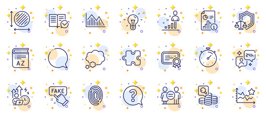 Outline set of Investment graph, Stats and Speech bubble line icons for web app. Include Approved documentation, Consulting, Ranking stars pictogram icons. Certificate, Vocabulary. Vector