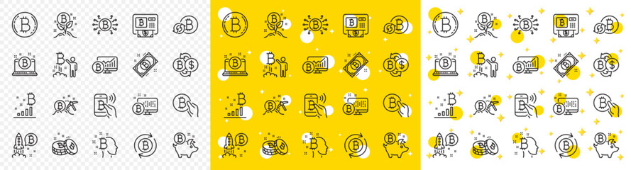 Set of Blockchain, Crypto ICO start up and Bitcoin icons. Cryptocurrency line icons. Mining, Cryptocurrency exchange, gold pickaxe. Bitcoin ATM, crypto coins, financial ico markets, blockchain. Vector