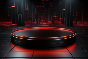 photo red light round podium and black background for mock up realistic image