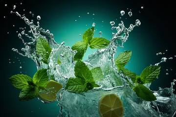 Water splashes with menthol or mint leaves