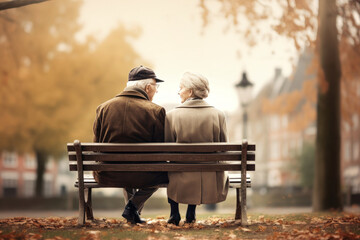 An elderly couple, a man and a woman, are sitting and hugging on a bench in the park. They enjoy communication. Date in the park. Older lovers. Relationships in old age. Love and romance. - obrazy, fototapety, plakaty
