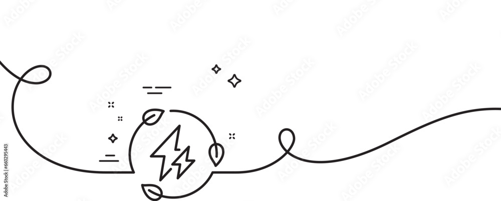 Poster green electricity line icon. continuous one line with curl. leaf energy power sign. lightning bolt s