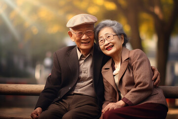 An elderly couple of oriental appearance, Asians, a man and a woman, a bench in the park. Enjoy life. Date. Elderly Asian old people. Relationships in old age. Love and romance. - obrazy, fototapety, plakaty
