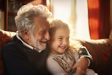 An elderly man with a little girl in the room. They hug, have fun and rejoice at the meeting. Meeting of granddaughter and her grandfather. Caring for the elderly. Family values. - obrazy, fototapety, plakaty