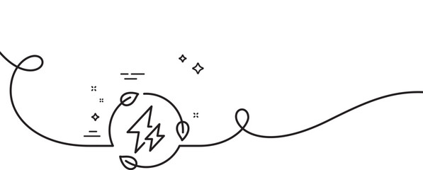 Green electricity line icon. Continuous one line with curl. Leaf energy power sign. Lightning bolt symbol. Green electricity single outline ribbon. Loop curve pattern. Vector