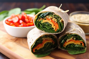 vegan wrap with hummus, spinach, and bell peppers