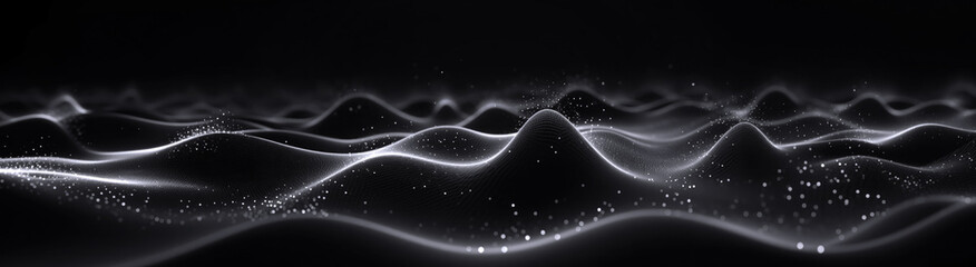 A wavy landscape, with the foreground featuring an abstract shape of light glowing waves and floating white particles on a dark background