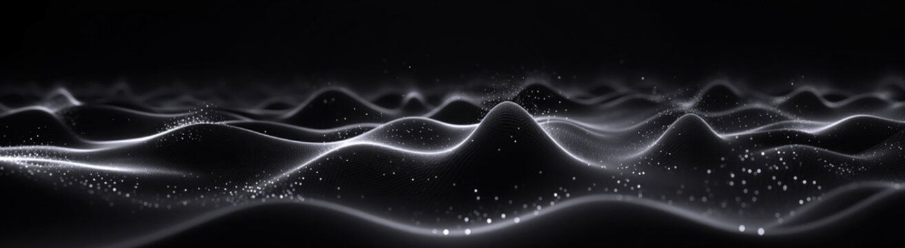 A wavy landscape, with the foreground featuring an abstract shape of light glowing waves and floating white particles on a dark background