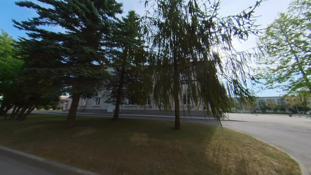 The Palace of Culture in Naujoji Akmene, Lithuania. Hyperlapse Tracking Footage.