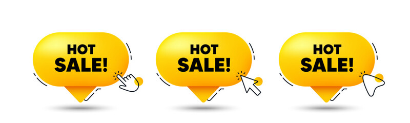 Hot Sale tag. Click here buttons. Special offer price sign. Advertising Discounts symbol. Hot sale speech bubble chat message. Talk box infographics. Vector