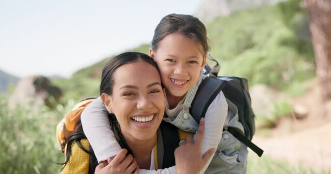 Face, hug and mother hiking with girl child in nature with love, adventure and fun outdoor together. Happy family, portrait and kid embrace mom in nature with backpack for trekking, travel or freedom