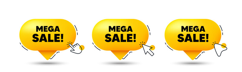 Mega Sale tag. Click here buttons. Special offer price sign. Advertising Discounts symbol. Mega sale speech bubble chat message. Talk box infographics. Vector