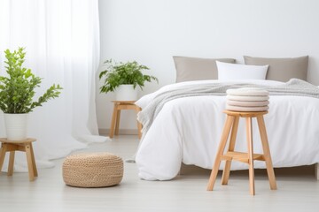 white bedroom with single mattress, wooden stool and plant pot