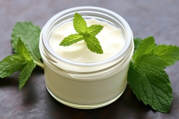 Obraz na płótnie Canvas cream jar with a mint leaf on top