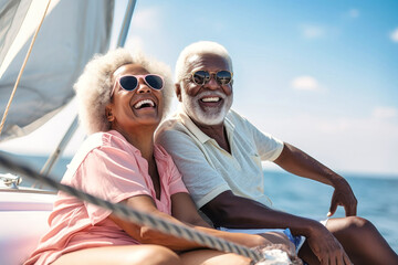 An elderly black couple sits in a boat or yacht against the backdrop of the sea. Happy and smiling people. A trip on a sailing yacht. Sea voyage, active recreation. Love and romance of older people. - obrazy, fototapety, plakaty