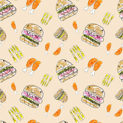 Cute cartoon fast food illustration. Kids style simple hamburger with funny emotion character