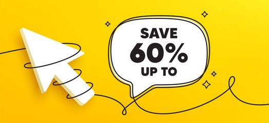 Save up to 60 percent. Continuous line chat banner. Discount Sale offer price sign. Special offer symbol. Discount speech bubble message. Wrapped 3d cursor icon. Vector