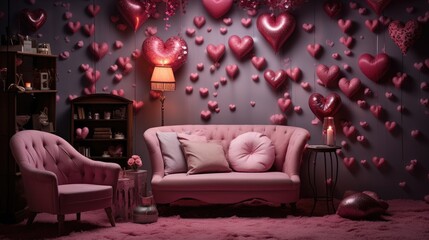 living room with sofa. balloons in the room. background for Valentine's day. how to decorate a room for a holiday