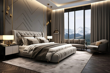 Corner of luxury master bedroom with grey and dark wooden walls, wooden floor, and comfortable king-size bed and large window