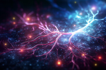 Medicine, science and sci-fi concept. Abstract illustration of human brain neurons with bright electric impulse. Abstract background with copy space. Generative AI