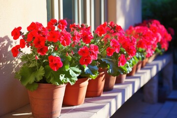 Fototapeta na wymiar potted geraniums lined up on a sunlit patio
