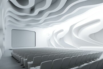 Modern factory auditorium with empty white poster. Created using 3D rendering. Generative AI