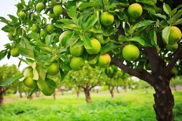 Fototapeta na wymiar a guava tree with ripe fruits and dark green leaves