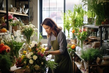 florist arranging flowers for a funeral at a shop