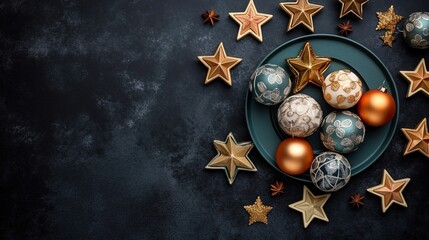 Top view of ornament balls and a Christmas star with copy space, generated by AI