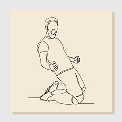 Continuous single line art drawing of football soccer player celebrating victory success goal on competition. Vector illustration one line art of sports concept