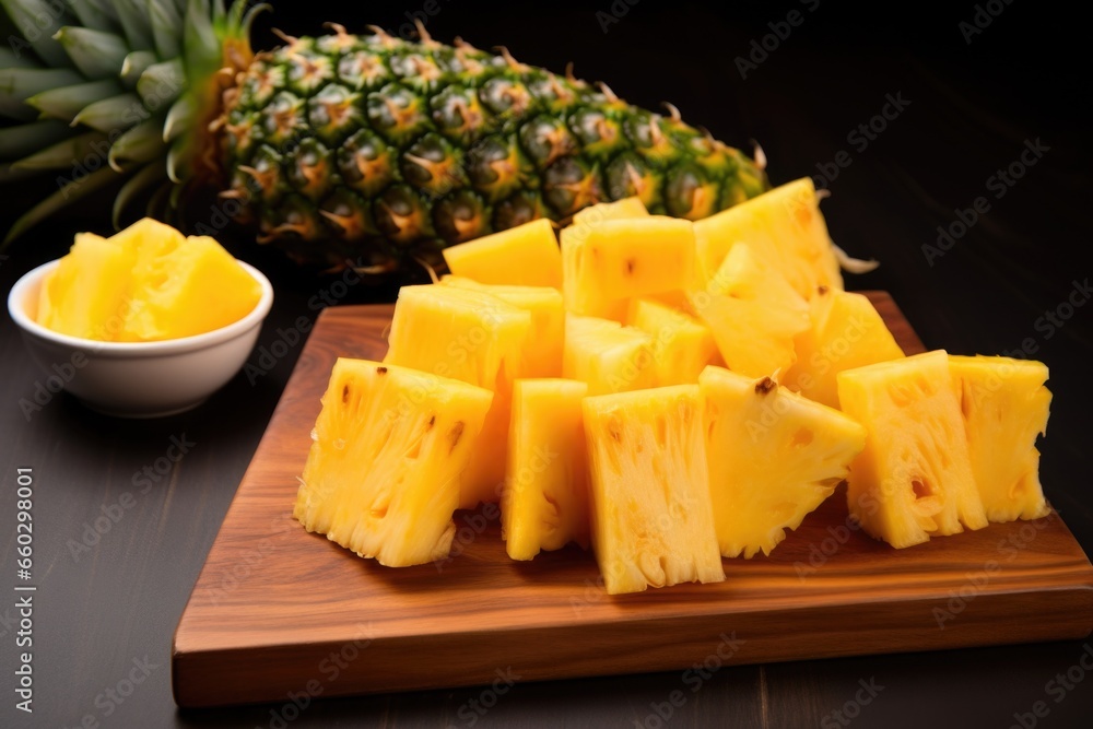 Sticker a board with fresh cut pineapple chunks