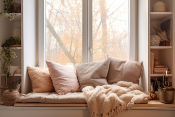 Fototapeta premium cozy window seat with variety of cushions