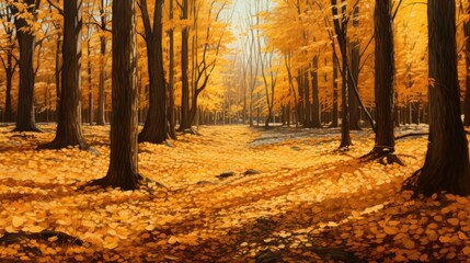 A carpet of golden leaves blankets the forest floor, creating a picturesque scene. Falling leaves natural background.