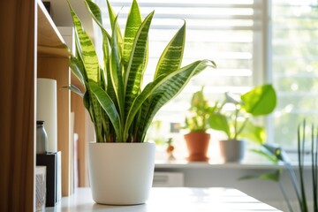 potted snake plant in a light-filled home office