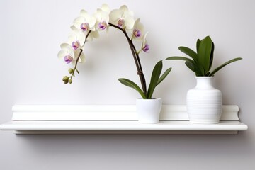 a flowering orchid on a high indoor white shelf