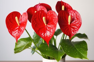 an elegant anthurium with glossy red heart-shaped flowers - obrazy, fototapety, plakaty