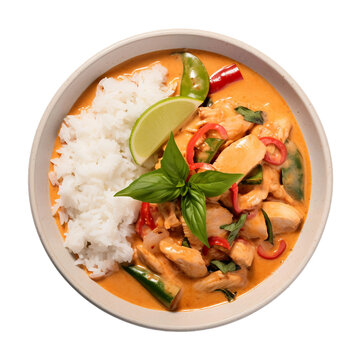 Spicy Thai Red Curry with Jasmine Rice on Transparent Background.