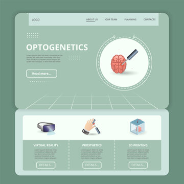 Optogenetics flat landing page website template. Virtual reality, prosthetics, 3d printing. Web banner with header, content and footer. Vector illustration.