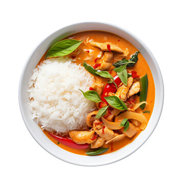 Spicy Thai Red Curry with Jasmine Rice on Transparent Background.