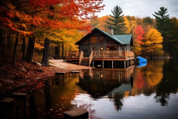 Fototapeta premium lakeside cabin surrounded by autumn foliage