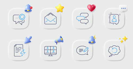 Video conference, Talk bubble and Power certificate line icons. Buttons with 3d bell, chat speech, cursor. Pack of Mail, Recovery data, Message icon. Vector