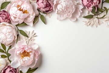 Elegant peonies frame, with petals, buds, and white background. Generative AI