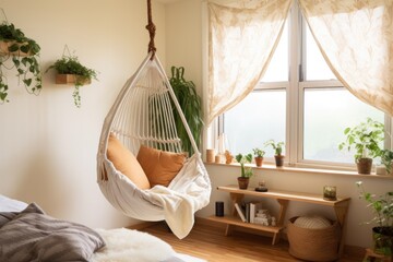hanging hammock chair in a cozy bedroom corner