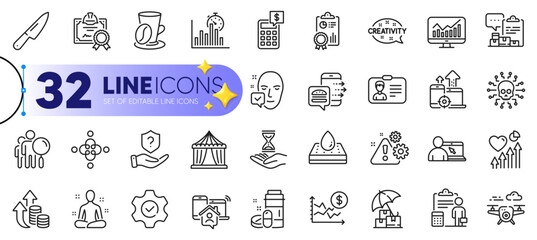 Outline set of Inspect, Report timer and Waterproof mattress line icons for web with Heart beat, Face accepted, Inflation thin icon. Inventory report, Circus tent, Warning pictogram icon. Vector