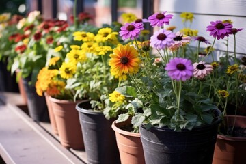 several national flowers grown in pots side by side