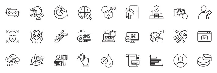 Icons pack as Fake internet, Internet and Headshot line icons for app include Report statistics, Keys, Fingerprint outline thin icon web set. Employee hand, Face detection. Vector