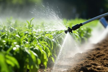water being sprayed from a drip emitter onto tomato plants